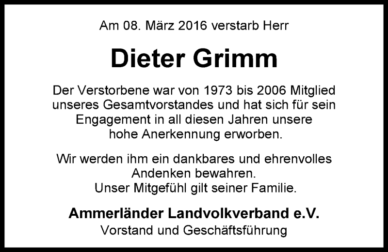  Traueranzeige für Dieter Grimm vom 12.03.2016 aus Nordwest-Zeitung