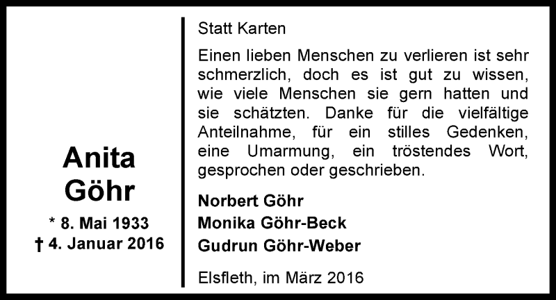  Traueranzeige für Anita Göhr vom 03.03.2016 aus Nordwest-Zeitung
