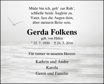 Traueranzeige von Gerda Folkens von Nordwest-Zeitung