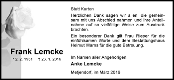 Traueranzeige von Frank Lemcke von Nordwest-Zeitung