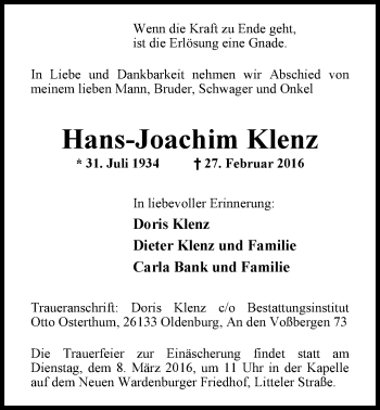Traueranzeige von Hans-Joachim Klenz von Nordwest-Zeitung