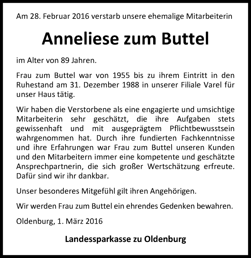  Traueranzeige für Anneliese zum Buttel vom 01.03.2016 aus Nordwest-Zeitung
