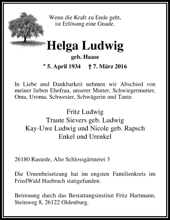Traueranzeige von Helga Ludwig von Nordwest-Zeitung