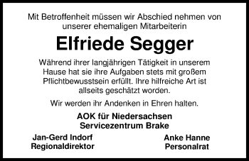 Traueranzeige von Elfriede Segger von Nordwest-Zeitung