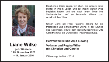 Traueranzeige von Liana Wilke von Nordwest-Zeitung