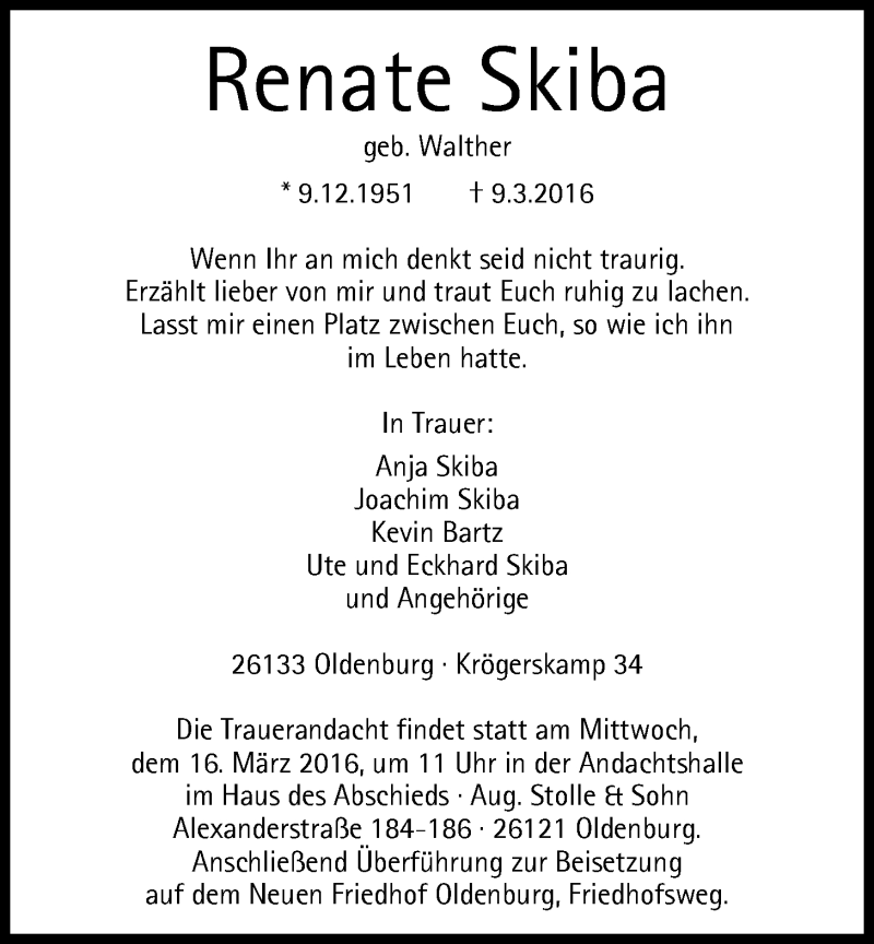  Traueranzeige für Renate Skiba vom 15.03.2016 aus Nordwest-Zeitung