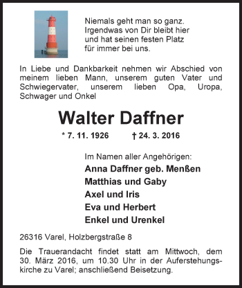 Traueranzeige von Walter Daffner von Nordwest-Zeitung