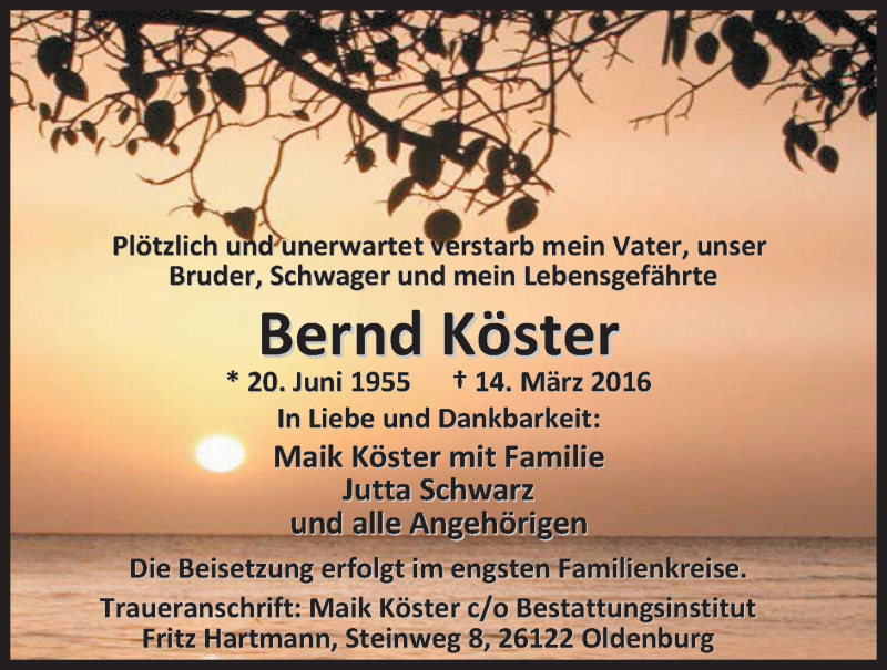  Traueranzeige für Bernd Köster vom 19.03.2016 aus Nordwest-Zeitung