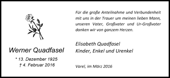 Traueranzeige von Werner Quadfasel von Nordwest-Zeitung