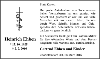 Traueranzeige von Heinrich Ehben von Nordwest-Zeitung