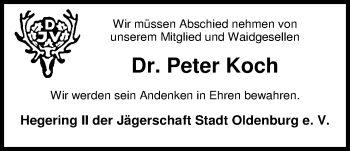Traueranzeige von Dr. Peter Koch von Nordwest-Zeitung