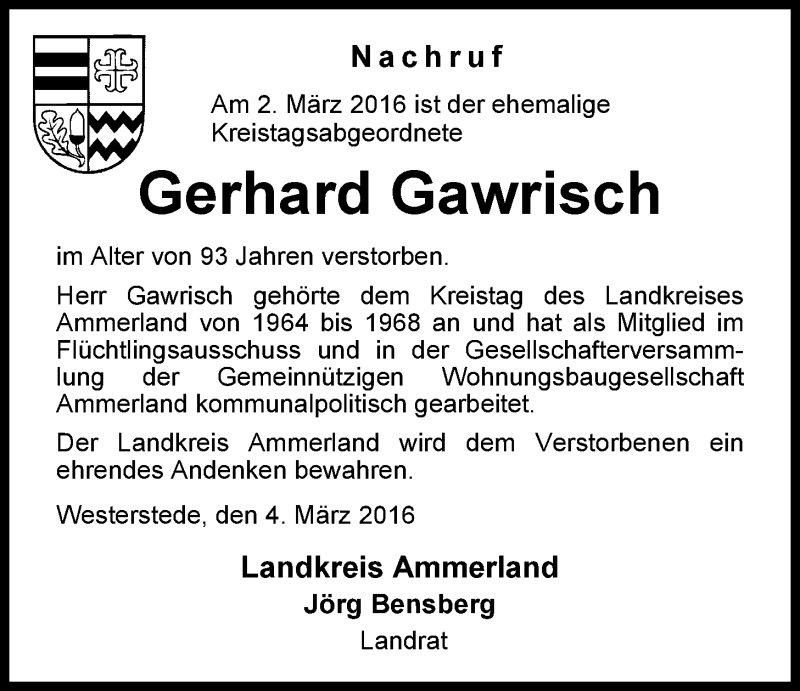  Traueranzeige für Gerhard Gawrisch vom 05.03.2016 aus Nordwest-Zeitung