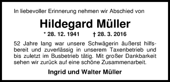 Traueranzeige von Hildegard Müller von Nordwest-Zeitung