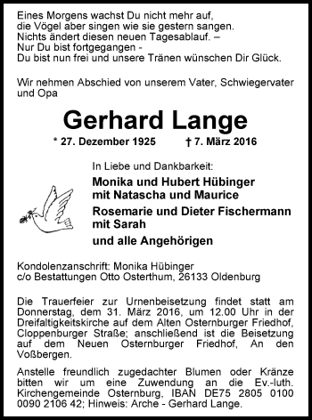 Traueranzeige von Gerhard Lange von Nordwest-Zeitung