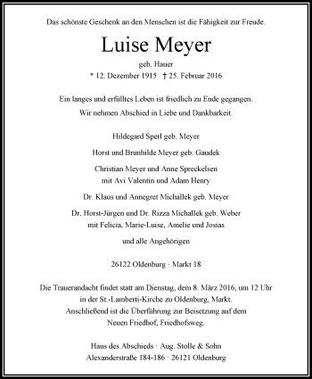 Traueranzeige von Luise Meyer von Nordwest-Zeitung