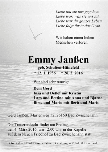 Traueranzeige von Emmy Janßen von Nordwest-Zeitung