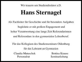 Traueranzeige von Hans Sternagel von Nordwest-Zeitung