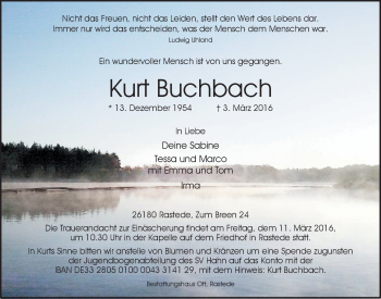 Traueranzeige von Kurt Buchbach von Nordwest-Zeitung