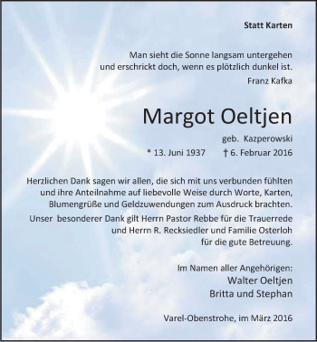 Traueranzeige von Margot Oeltjen von Nordwest-Zeitung