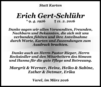 Traueranzeige von Erich Gert-Schlühr von Nordwest-Zeitung