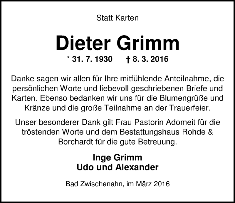  Traueranzeige für Dieter Grimm vom 31.03.2016 aus Nordwest-Zeitung