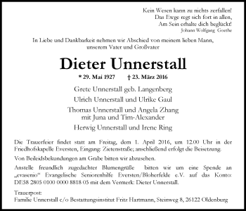 Traueranzeige von Dieter Unnerstall von Nordwest-Zeitung