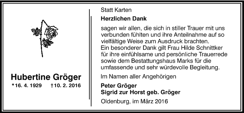  Traueranzeige für Hubertine Gröger vom 12.03.2016 aus Nordwest-Zeitung