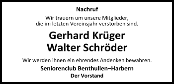 Traueranzeige von Gerhard Krüger von Nordwest-Zeitung