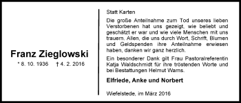 Traueranzeige von Franz Zieglowski von Nordwest-Zeitung