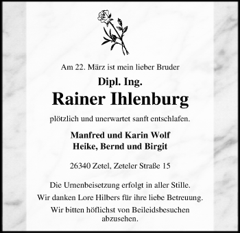 Traueranzeige von Rainer Ihlenburg von Nordwest-Zeitung