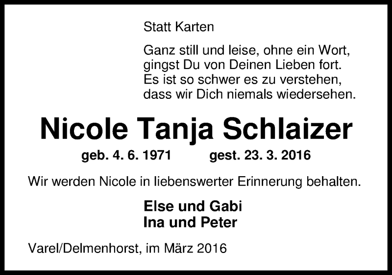  Traueranzeige für Nicole Tanja Schlaizer vom 30.03.2016 aus Nordwest-Zeitung