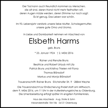 Traueranzeige von Elsbeth Harms von Nordwest-Zeitung
