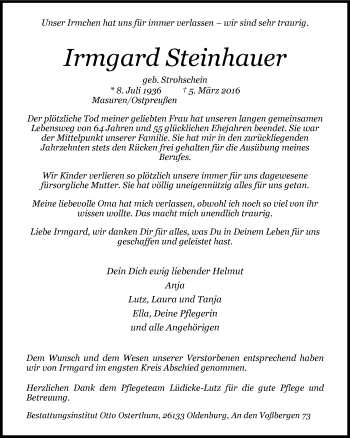 Traueranzeige von Irmgard Steinhauer von Nordwest-Zeitung