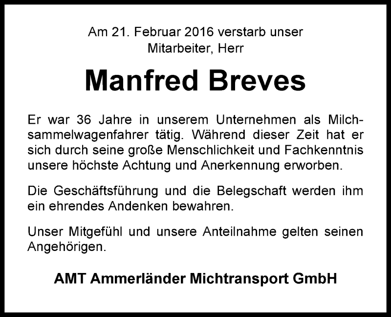  Traueranzeige für Manni Breves vom 02.03.2016 aus Nordwest-Zeitung