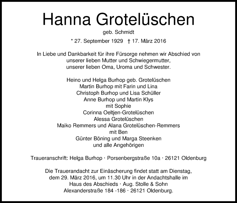  Traueranzeige für Hanna Grotelüschen vom 22.03.2016 aus Nordwest-Zeitung