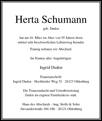Traueranzeige von Herta Schumann von Nordwest-Zeitung