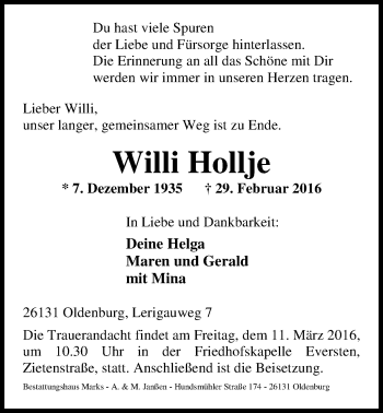 Traueranzeige von Willi Hollje von Nordwest-Zeitung