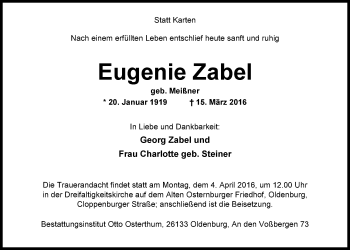 Traueranzeige von Eugenie Zabel von Nordwest-Zeitung