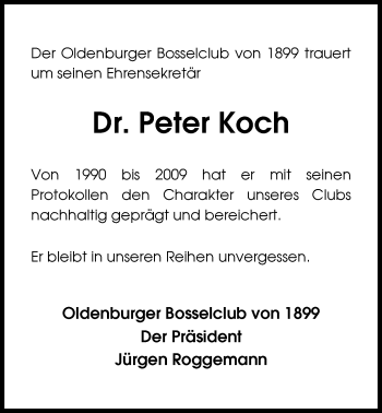 Traueranzeige von Dr. Peter Koch von Nordwest-Zeitung