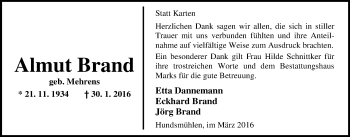 Traueranzeige von Almut Brand von Nordwest-Zeitung