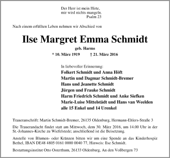Traueranzeige von Ilse Margret Emma Schmidt von Nordwest-Zeitung