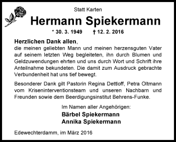 Traueranzeige von Hermann Spiekermann von Nordwest-Zeitung