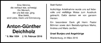 Traueranzeige von Anton-Günther Deichholz von Nordwest-Zeitung