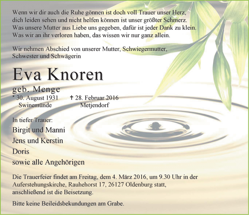  Traueranzeige für Eva Knoren vom 02.03.2016 aus Nordwest-Zeitung