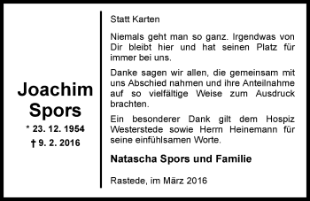 Traueranzeige von Joachim Spors von Nordwest-Zeitung