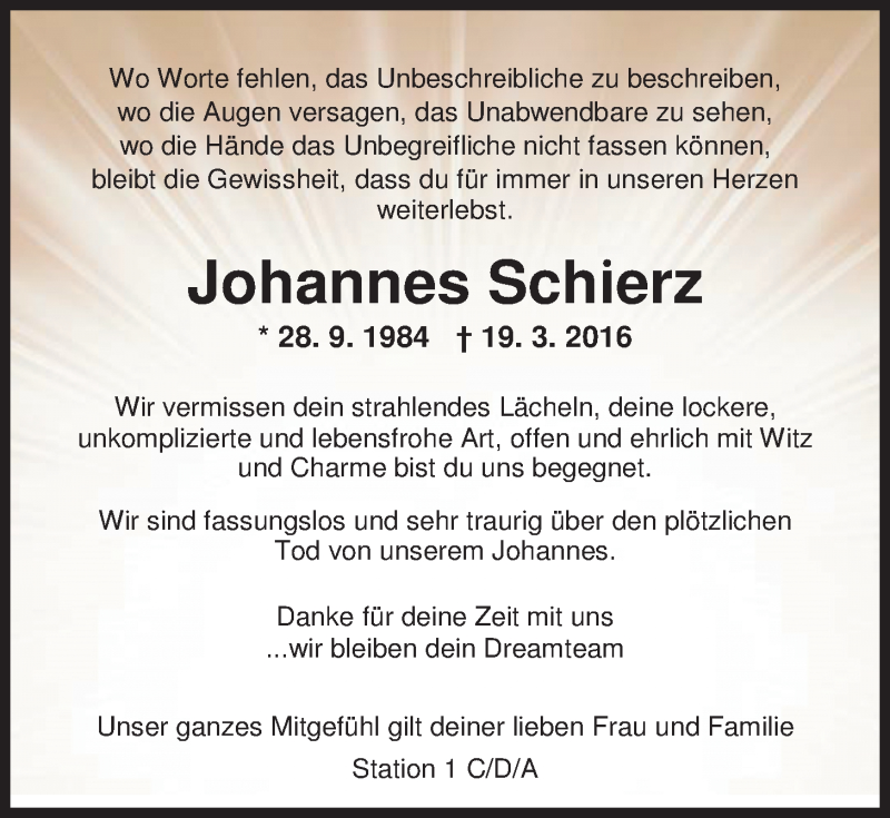  Traueranzeige für Johannes Schierz vom 26.03.2016 aus Nordwest-Zeitung
