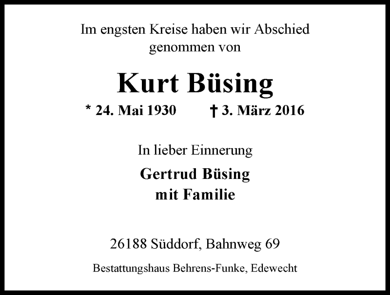  Traueranzeige für Kurt Büsing vom 12.03.2016 aus Nordwest-Zeitung