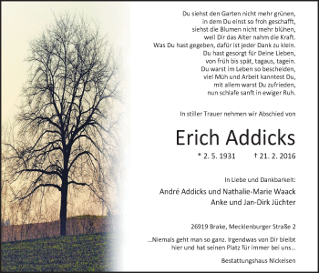 Traueranzeige von Erich Addicks von Nordwest-Zeitung