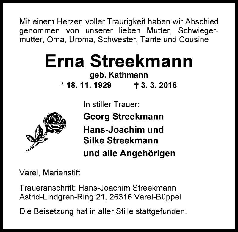  Traueranzeige für Erna Streekmann vom 10.03.2016 aus Nordwest-Zeitung
