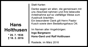 Traueranzeige von Hans Holthusen von Nordwest-Zeitung